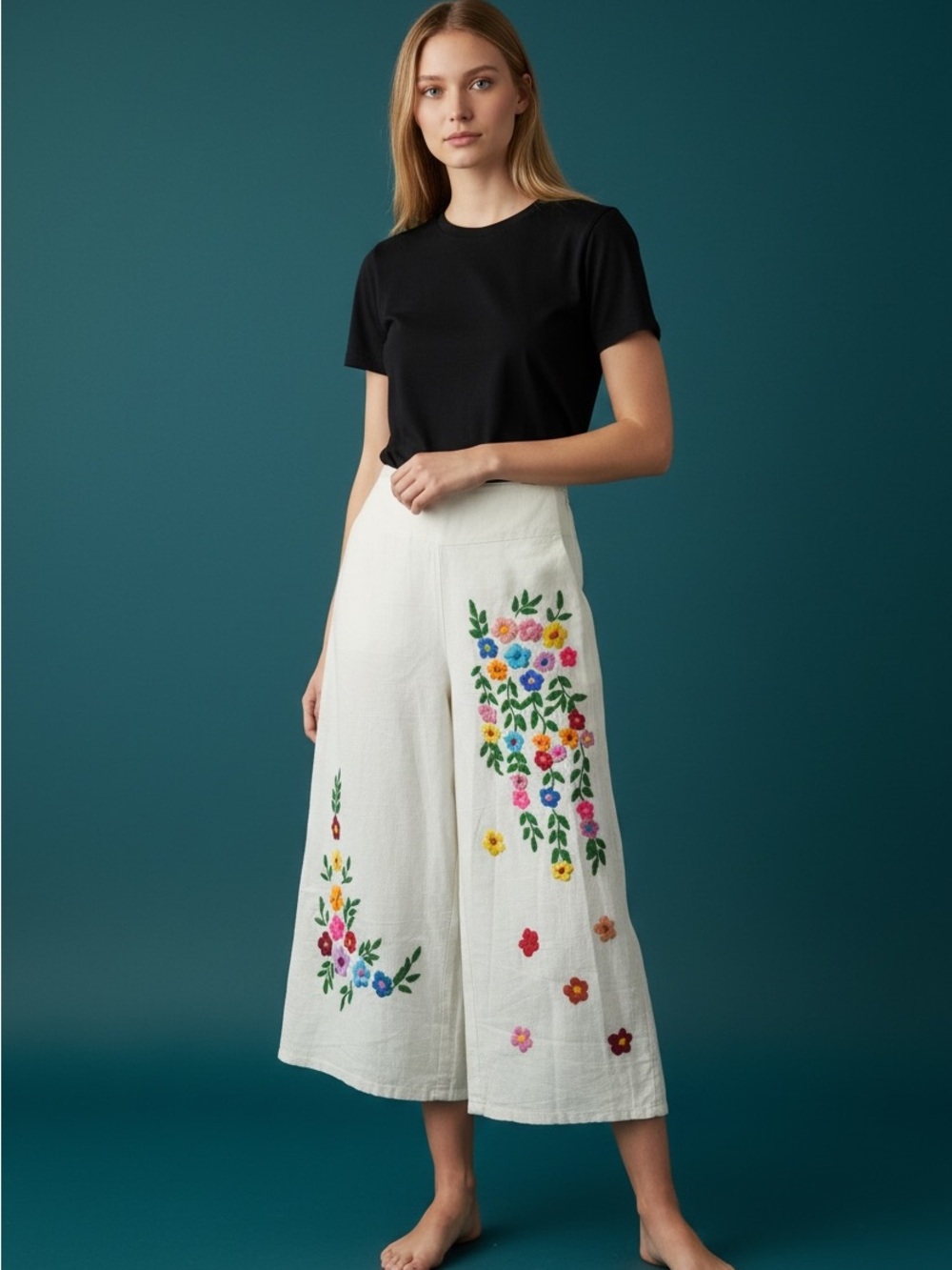 Hand - Embroidered White Floral Midi crop pants